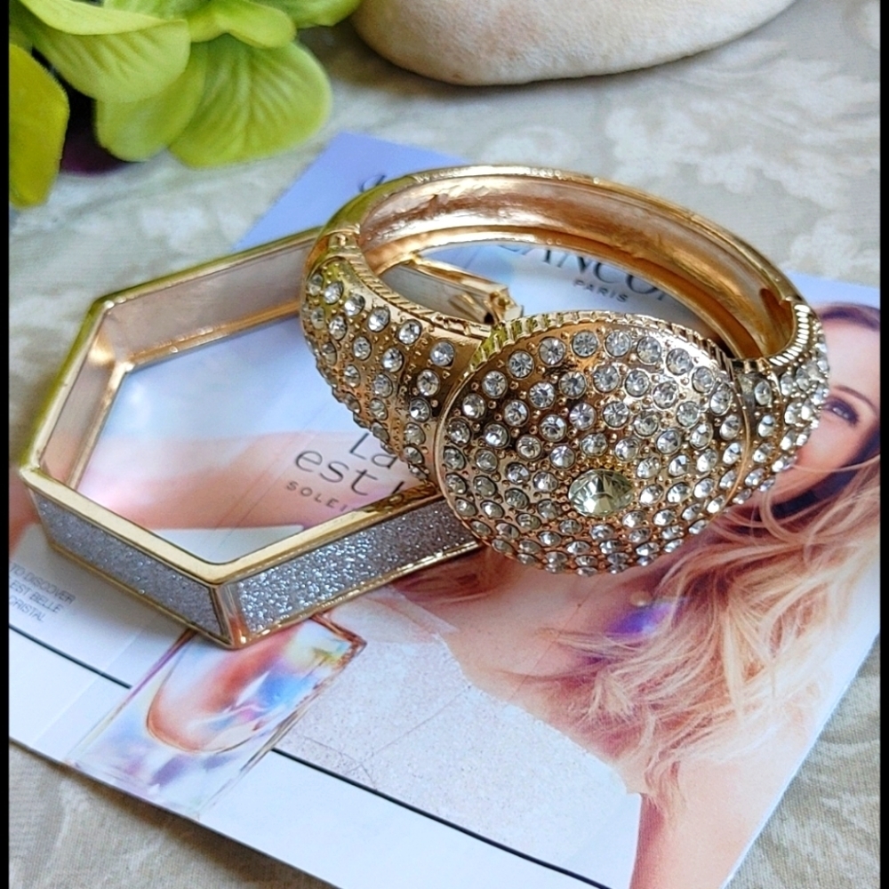 2 Gold with Crystal Shimmer Bangle Bracelets Hinge / Clamper Style